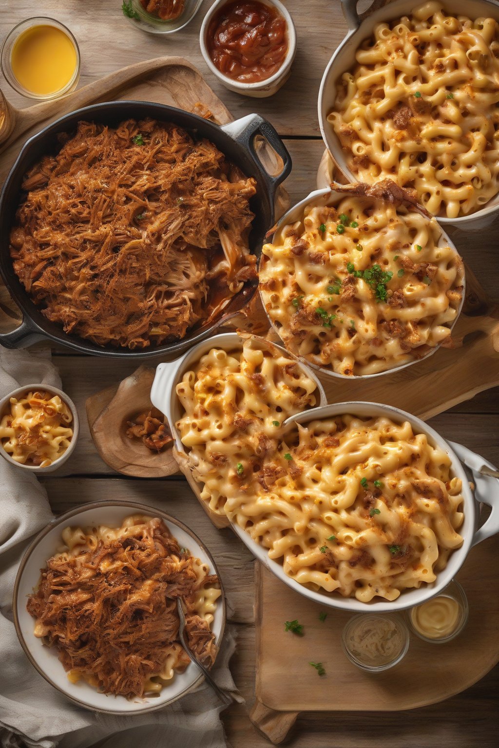A high-resolution photo of loaded BBQ pulled pork mac and cheese, saucy pulled pork strands mixed into gooey smoked cheese pasta, under soft lighting.