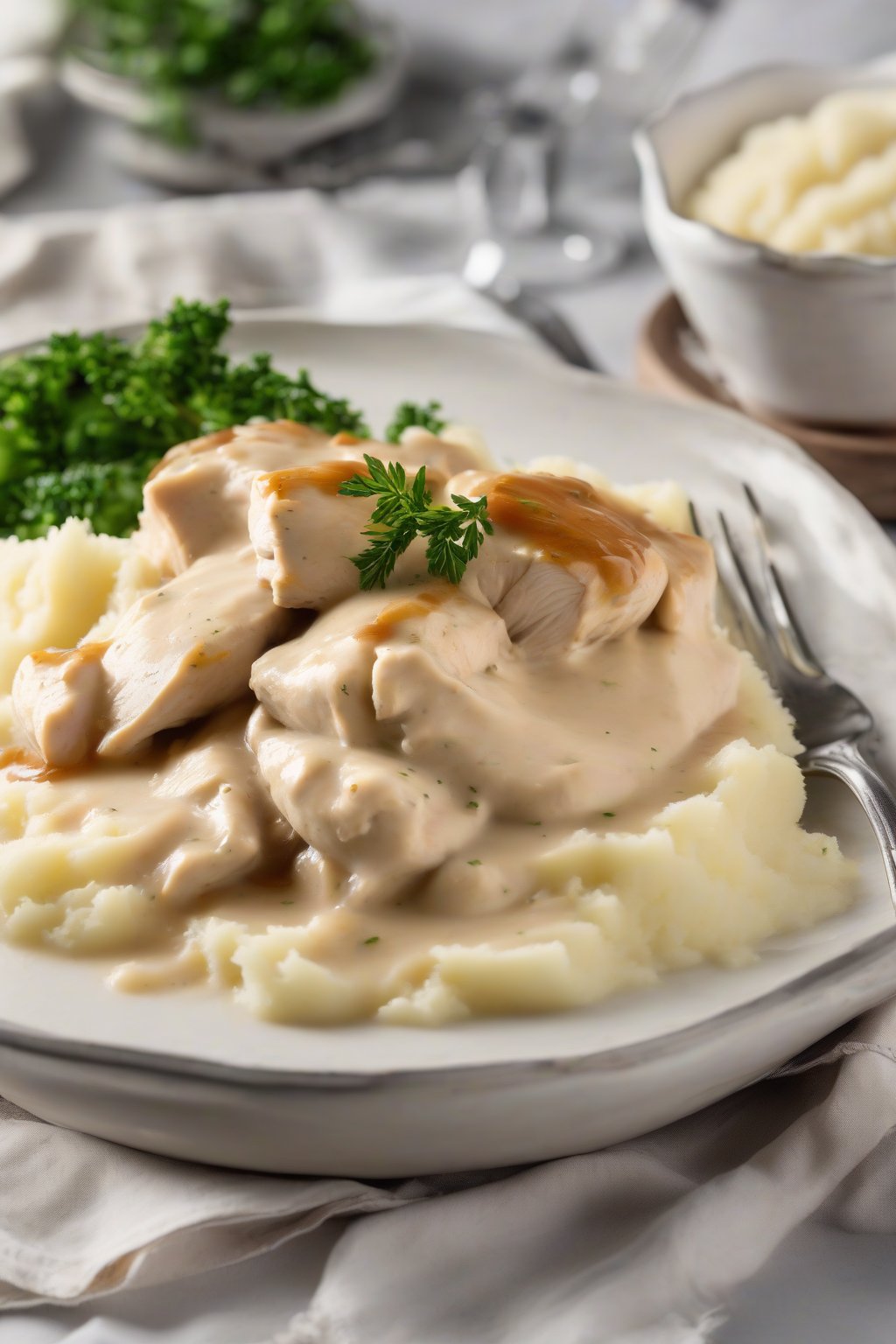 A high-resolution photo of classic creamy chicken gravy poured over mashed potatoes under soft lighting.