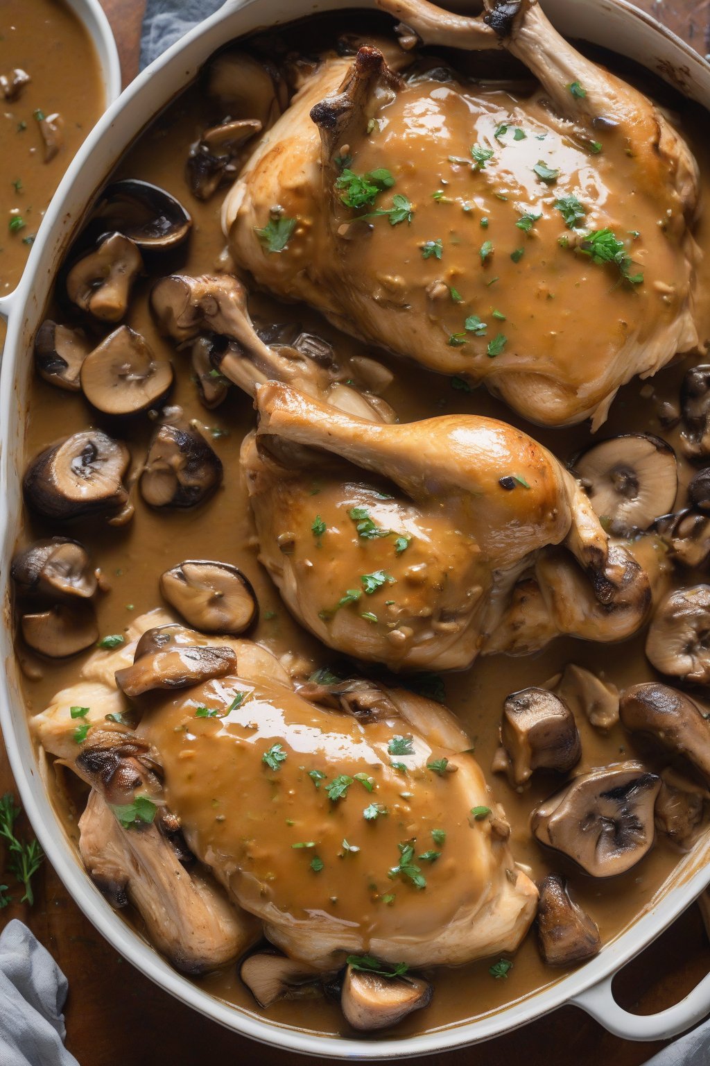 A high-resolution photo of mushroom chicken gravy ladled over roasted chicken under soft lighting.
