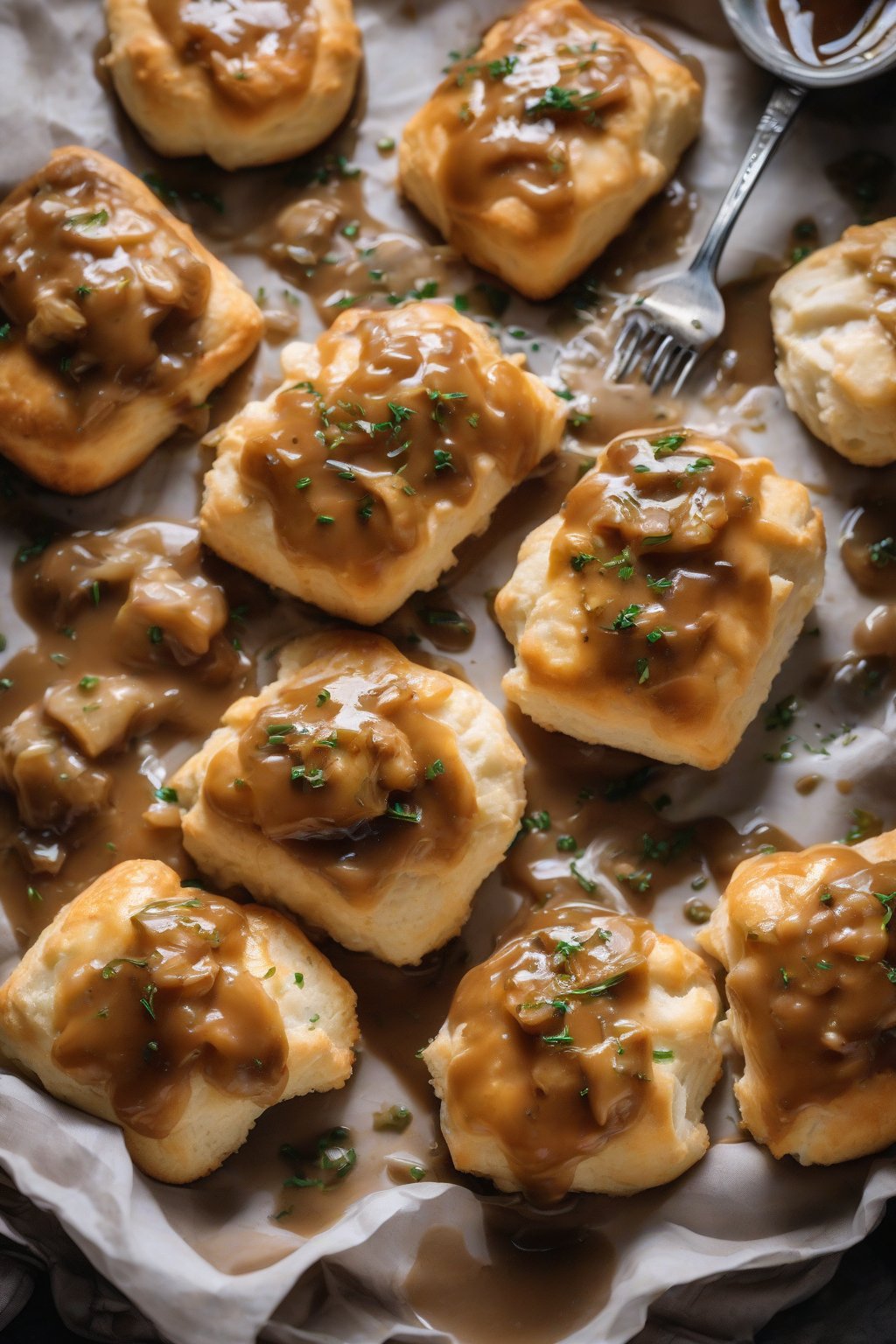 A high-resolution photo of caramelized onion chicken gravy drizzled on biscuits under soft lighting.