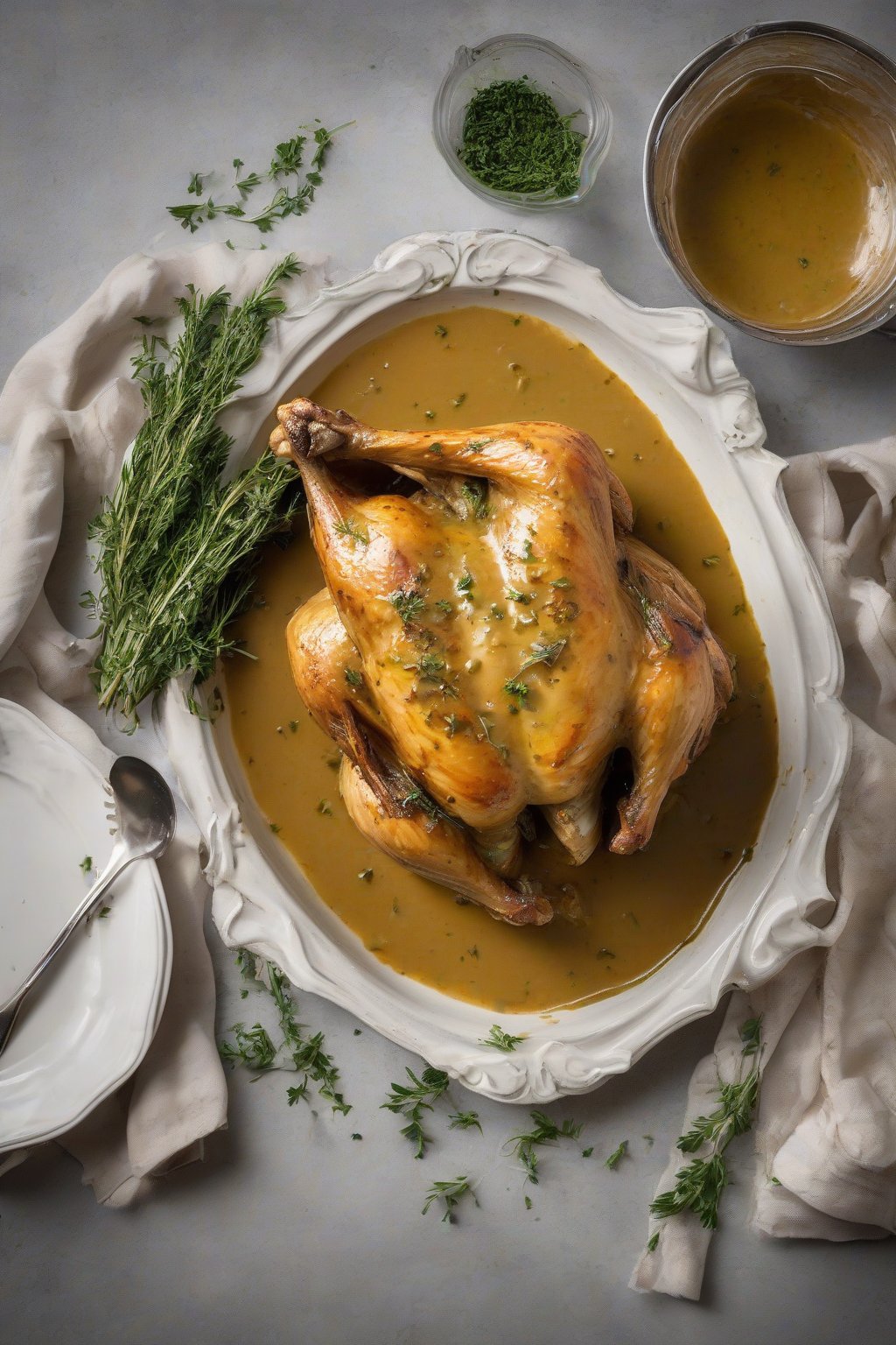 A high-resolution photo of herb-infused chicken gravy over herb-roasted chicken under soft lighting.