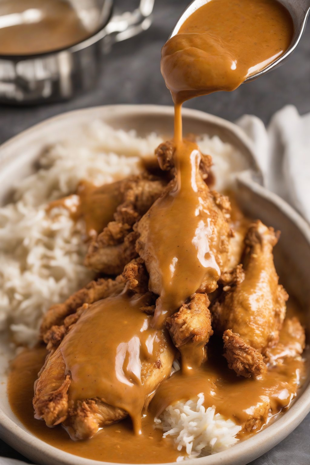 A high-resolution photo of spicy Cajun chicken gravy spooned over fried chicken under soft lighting.