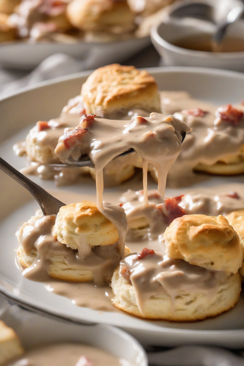 A high-resolution photo of bacon chicken gravy poured over biscuits under soft lighting.