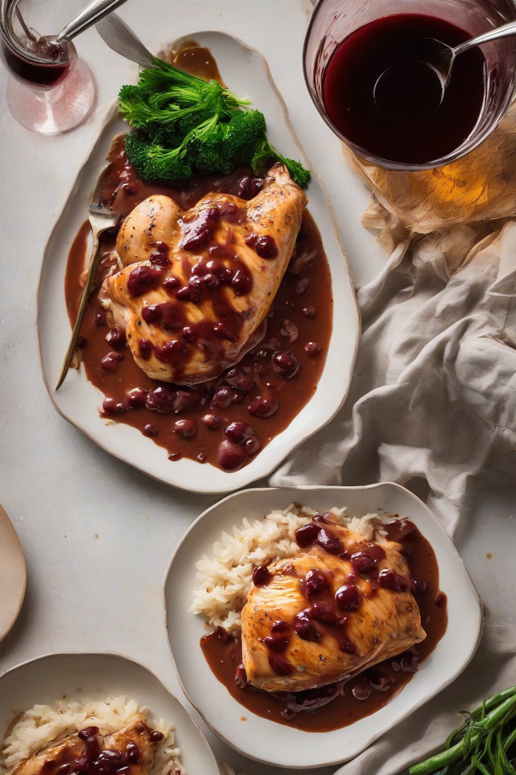 A high-resolution photo of red wine chicken gravy over seared chicken breast under soft lighting.