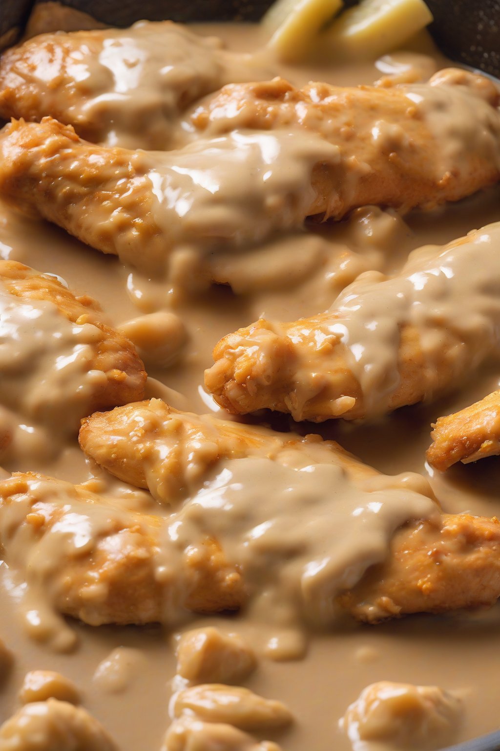 A high-resolution photo of cheesy chicken gravy covering chicken tenders under soft lighting.