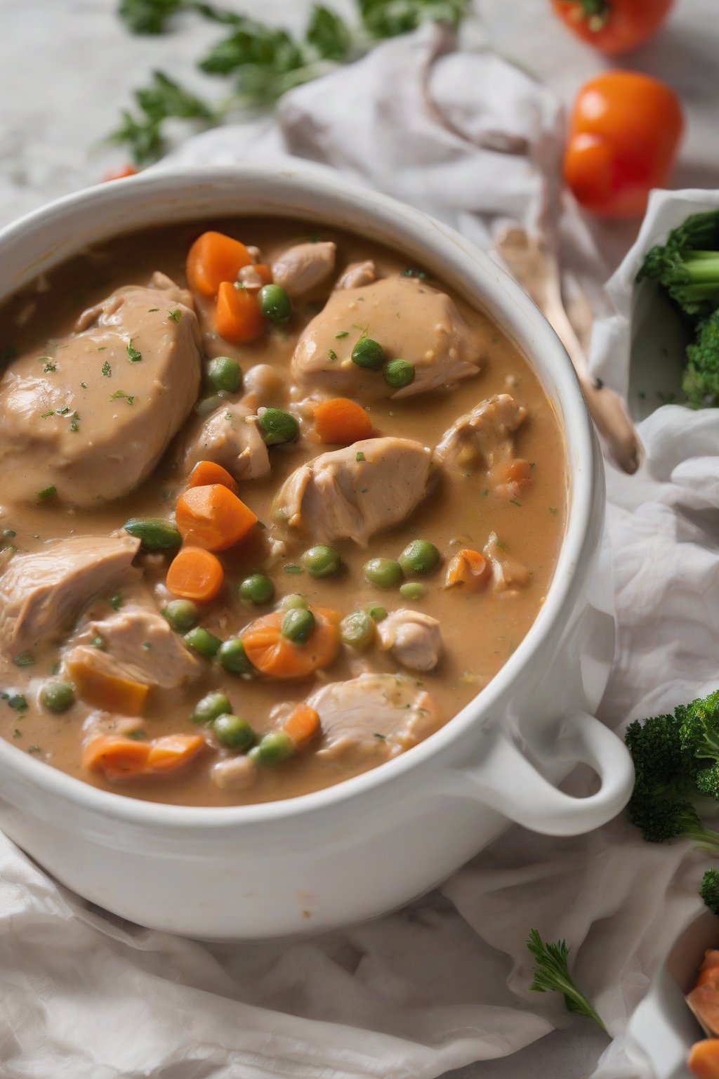 A high-resolution photo of vegetable-packed chicken gravy in a bowl with veggies visible under soft lighting.