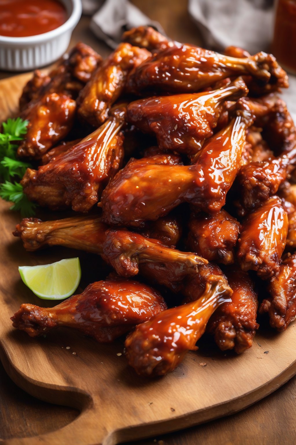 A high-resolution photo of golden-brown baked chicken wings coated in glossy red Buffalo sauce, served on a rustic wooden board under soft lighting.