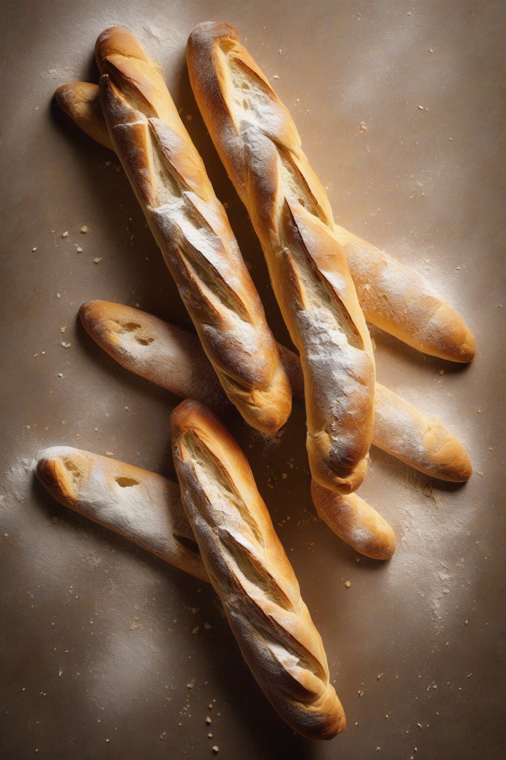 A high-resolution photo of three golden baguettes with slashed tops and flour dusting, under soft lighting.