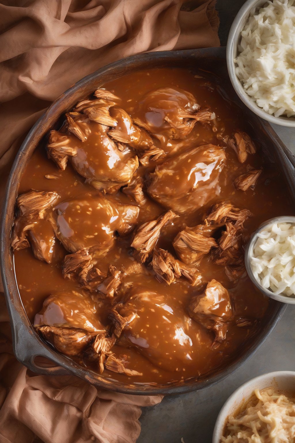 A high-resolution photo of smoky BBQ chicken gravy slathered on pulled chicken under soft lighting.