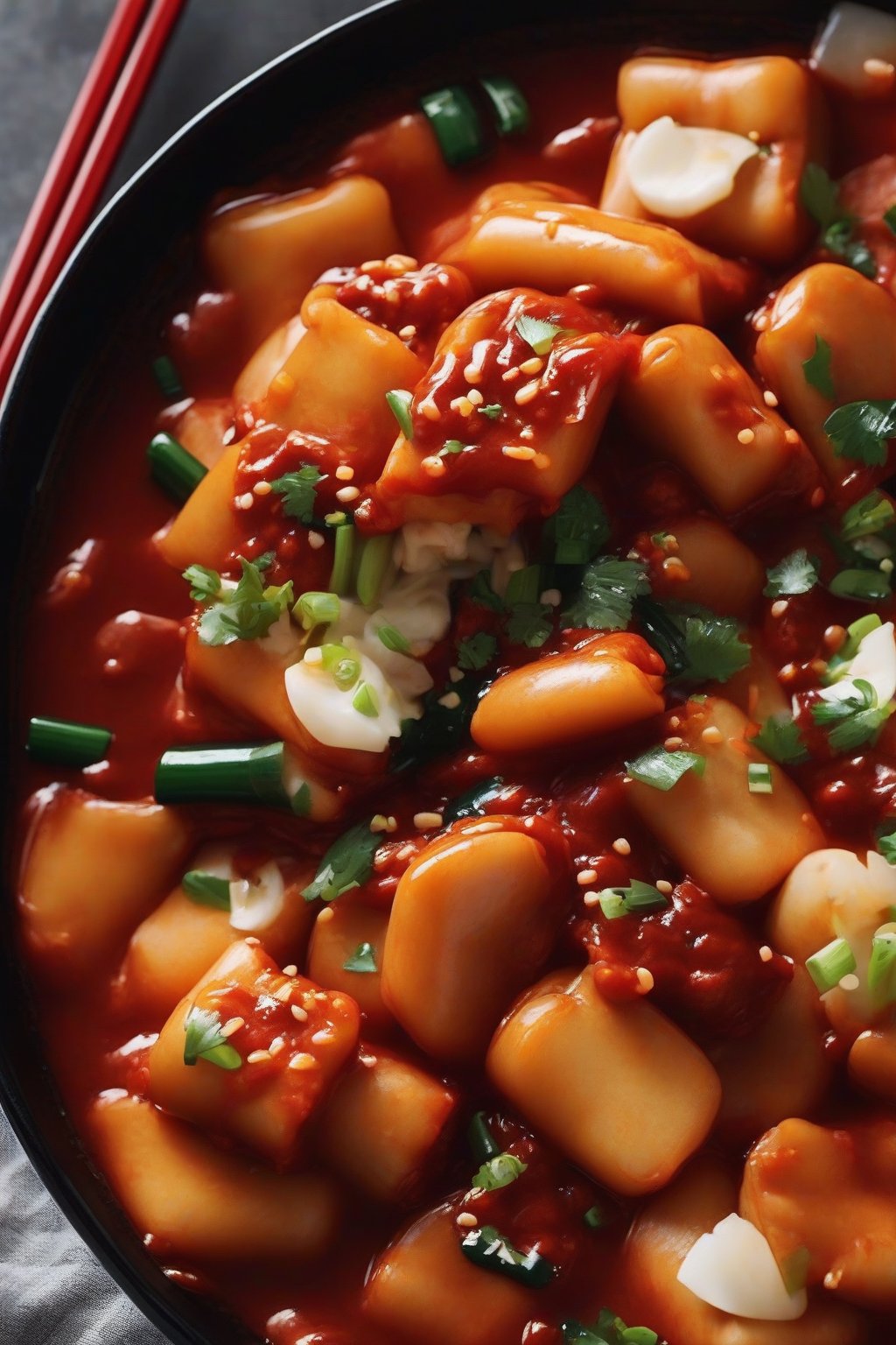 A close-up photo of classic gochujang tteokbokki with glossy red sauce and chewy rice cakes in a black bowl under soft lighting.
