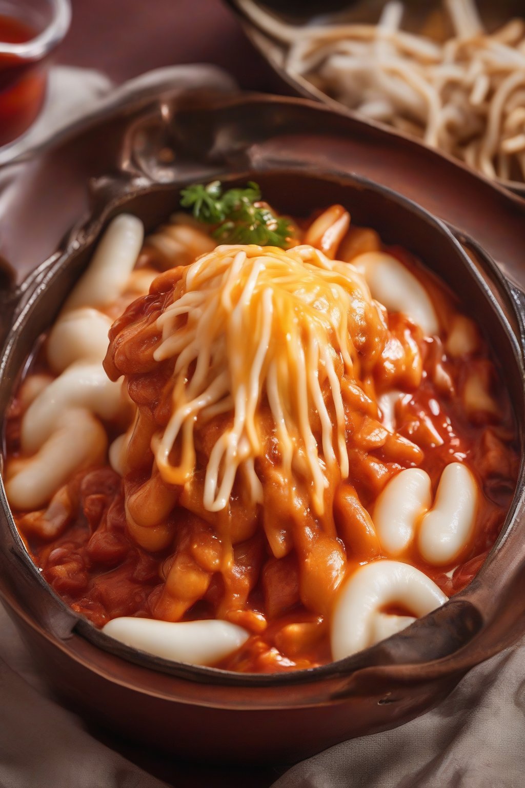 A close-up photo of cheesy tteokbokki with molten mozzarella strings over red-sauced rice cakes under soft lighting.
