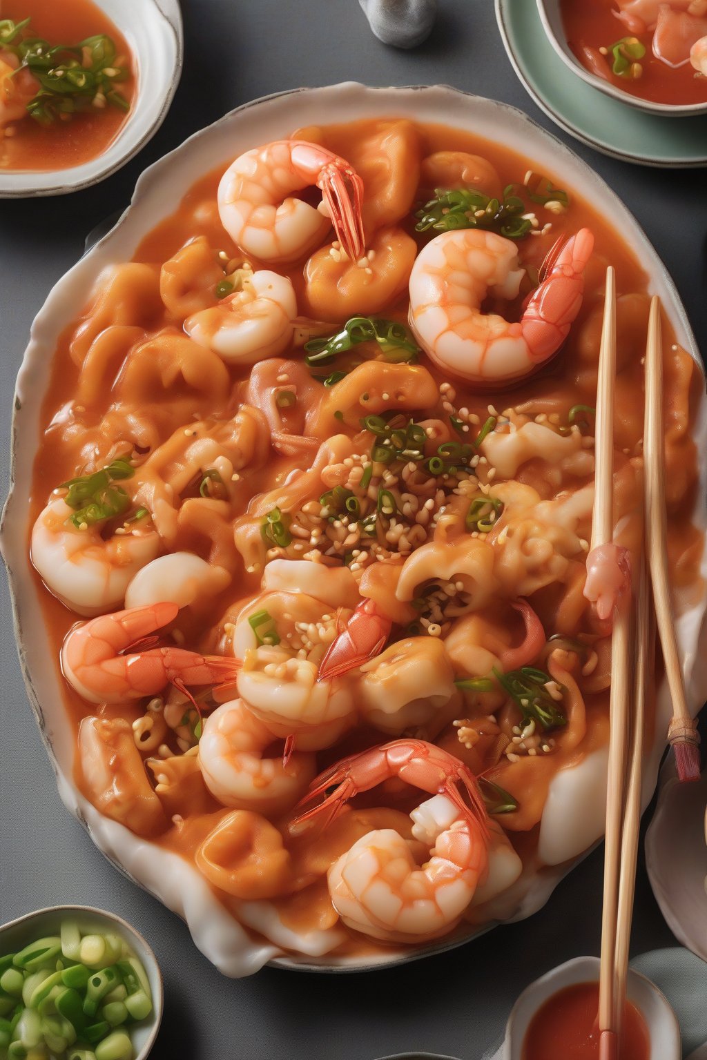 A close-up photo of seafood tteokbokki featuring pink shrimp and squid amid glossy rice cakes under soft lighting.