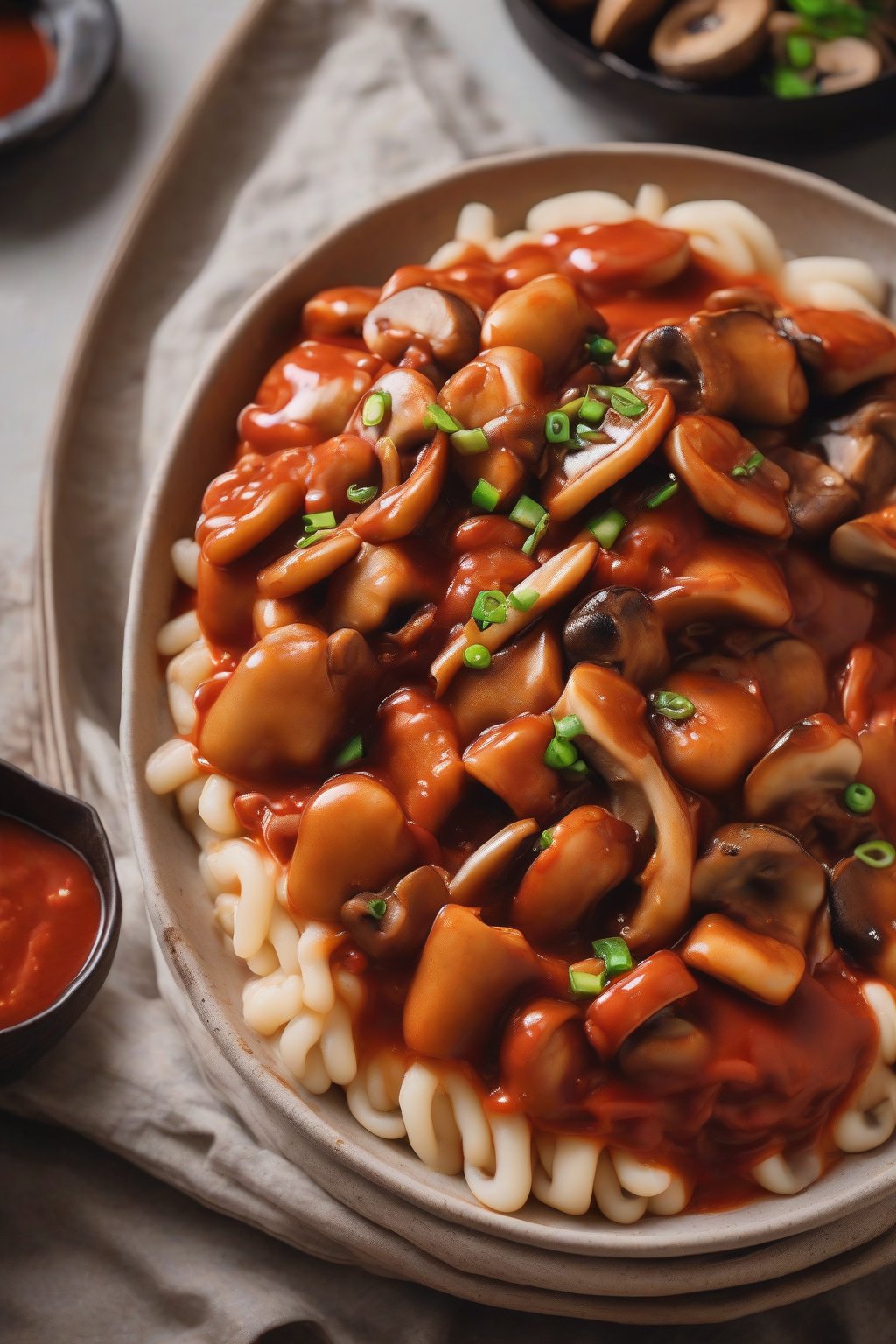 A close-up photo of vegan mushroom tteokbokki with earthy mushrooms and chewy rice cakes in red sauce under soft lighting.