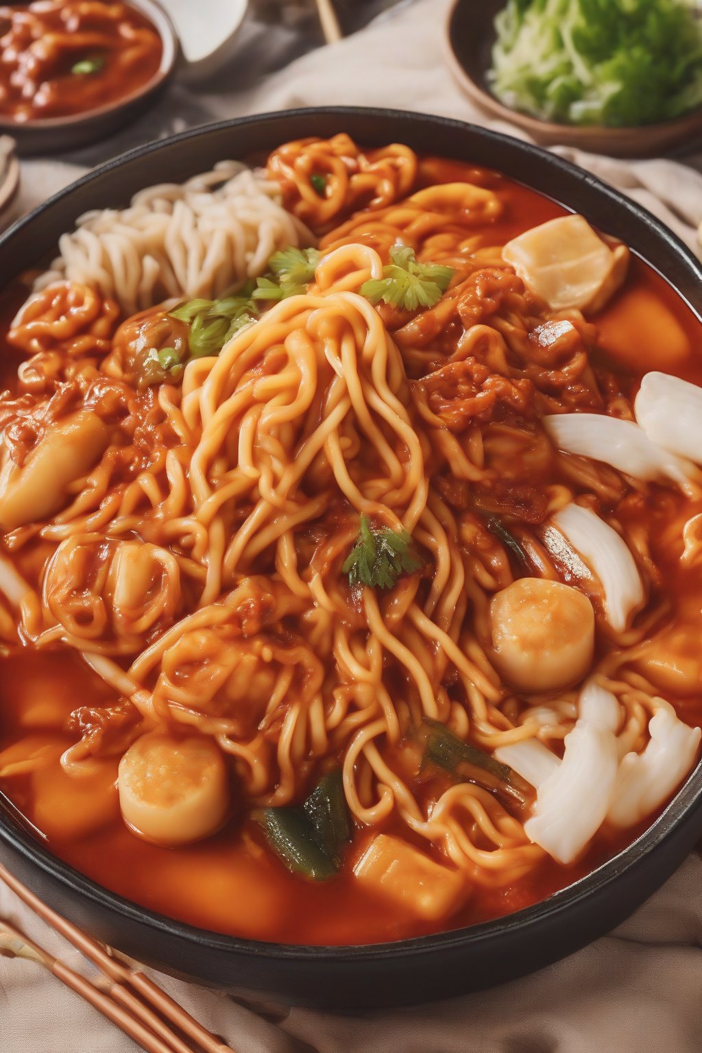 A close-up photo of rabokki with tangled ramen and rice cakes in spicy sauce under soft lighting.