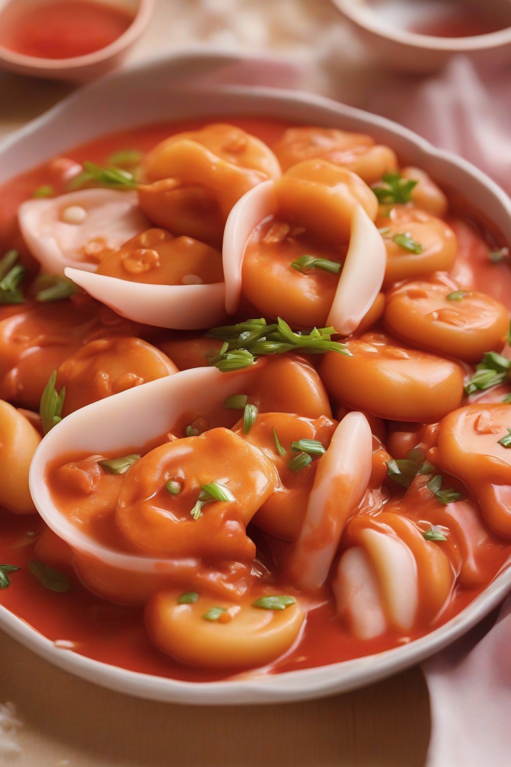 A close-up photo of rose tteokbokki with creamy pink sauce coating rice cakes under soft lighting.