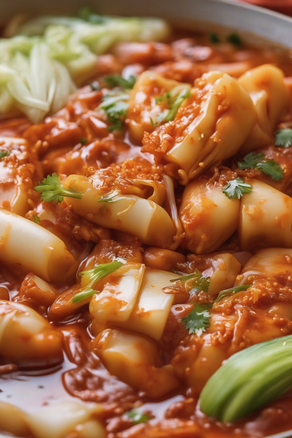 A close-up photo of kimchi tteokbokki with tangy cabbage bits and rice cakes under soft lighting.
