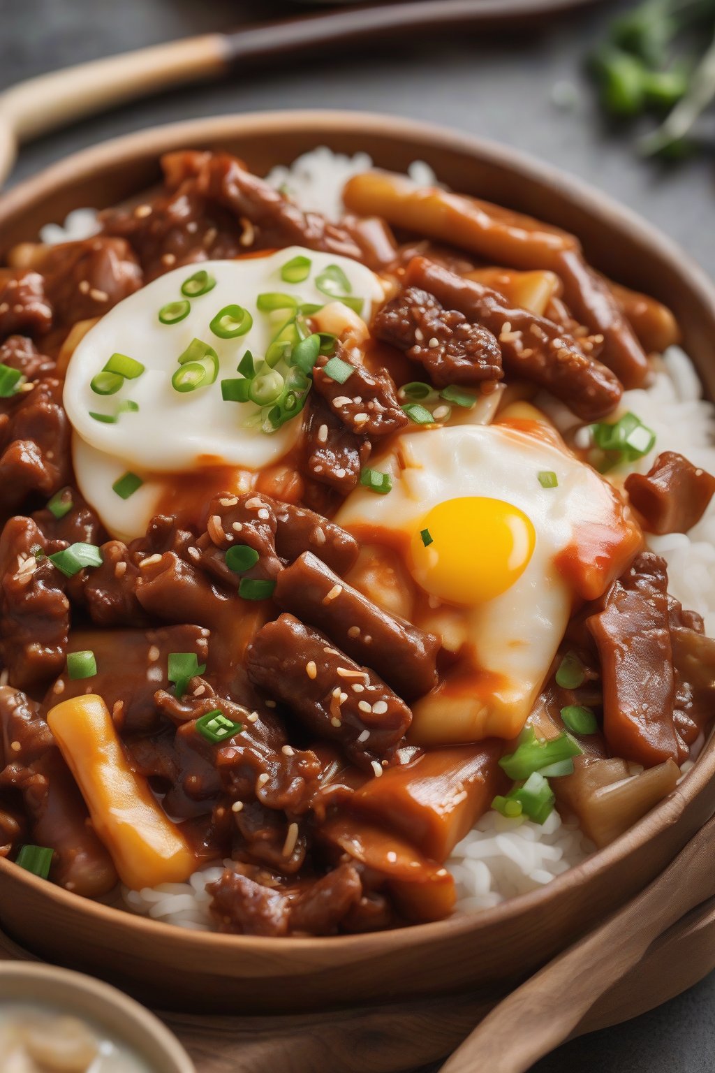 A close-up photo of bulgogi beef tteokbokki with caramelized meat strips over rice cakes under soft lighting.