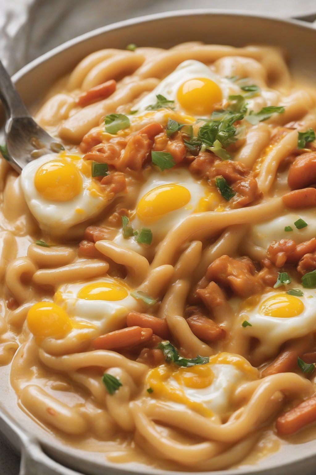 A close-up photo of creamy carbonara tteokbokki with golden egg yolk drizzle under soft lighting.