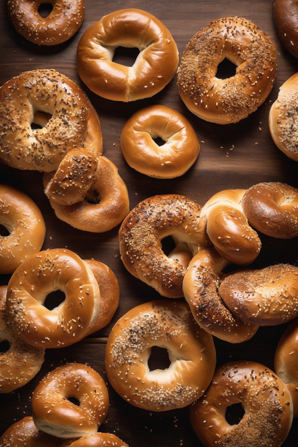 A high-resolution photo of golden, glossy classic New York-style bagels on a wooden board under soft lighting.