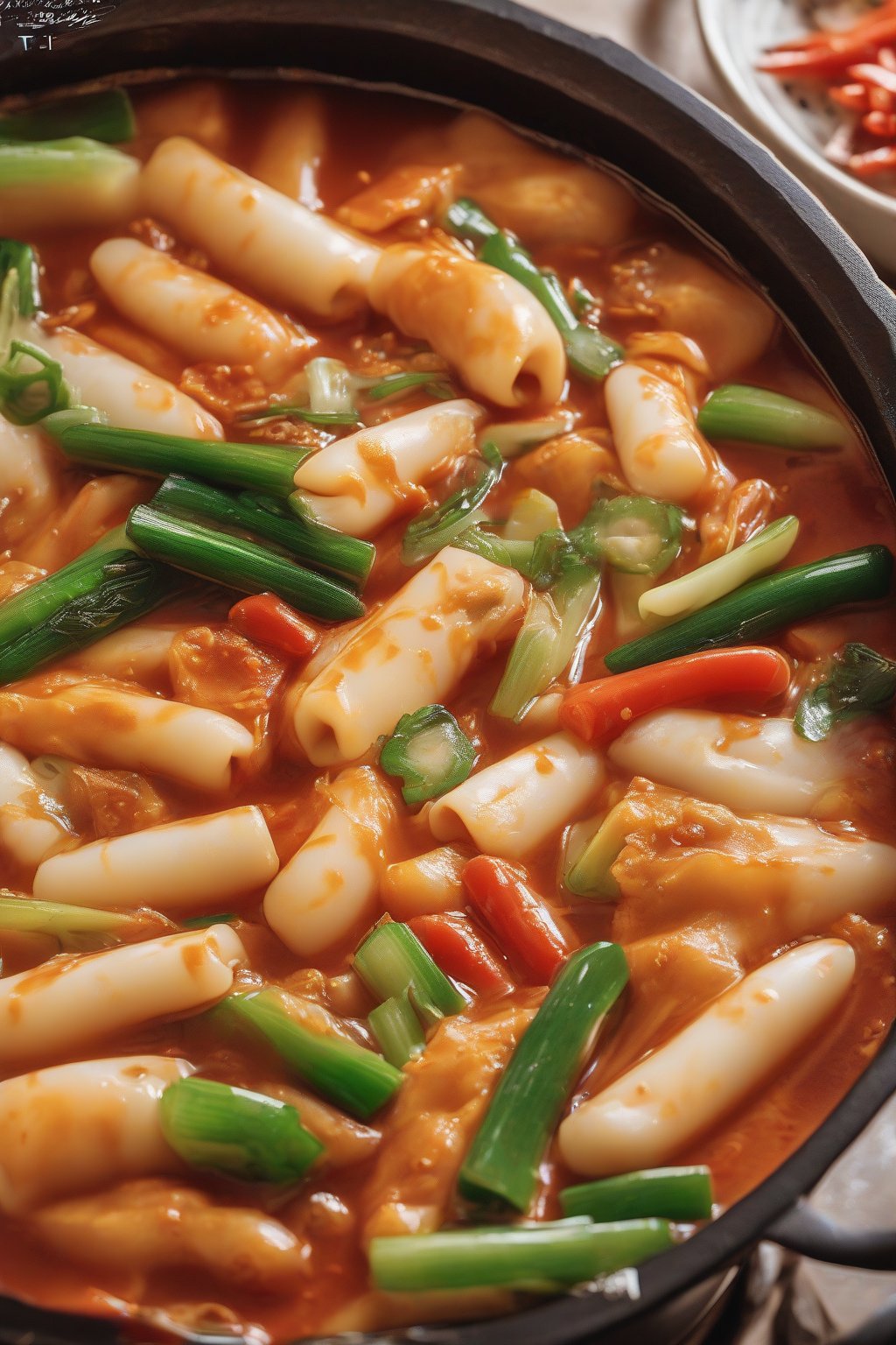 A close-up photo of street-style hot pot tteokbokki brimming with veggies and rice cakes under soft lighting.