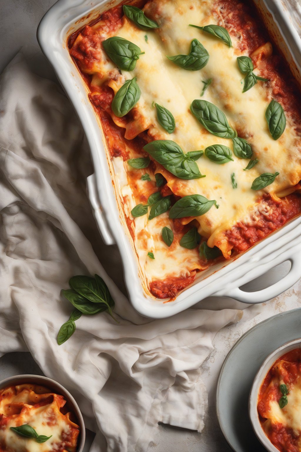A high-resolution photo of golden-baked spinach and ricotta manicotti in a casserole dish, topped with melted cheese, under soft lighting.