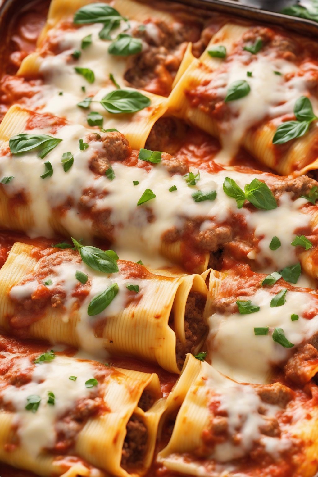 A high-resolution photo of sausage and ricotta manicotti slices revealing meaty filling, oozing cheese, under soft lighting.