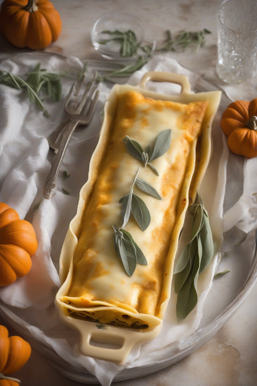 A high-resolution photo of pumpkin ricotta manicotti garnished with sage leaves, creamy orange filling peeking out, under soft lighting.