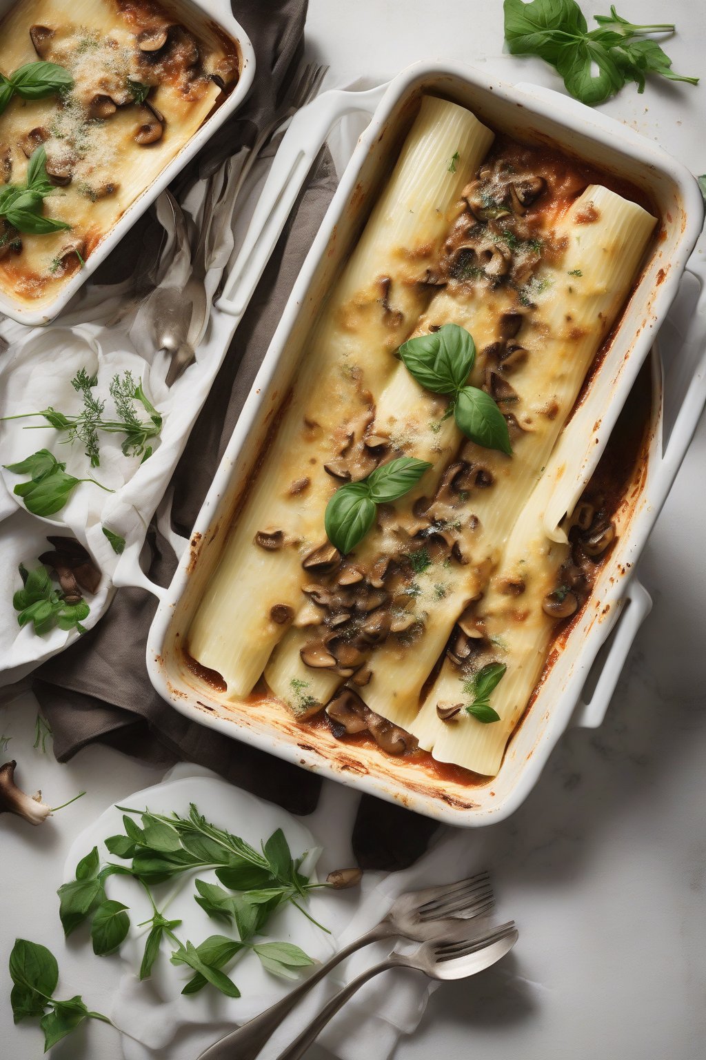 A high-resolution photo of mushroom ricotta manicotti with browned tops and herb sprigs, under soft lighting.