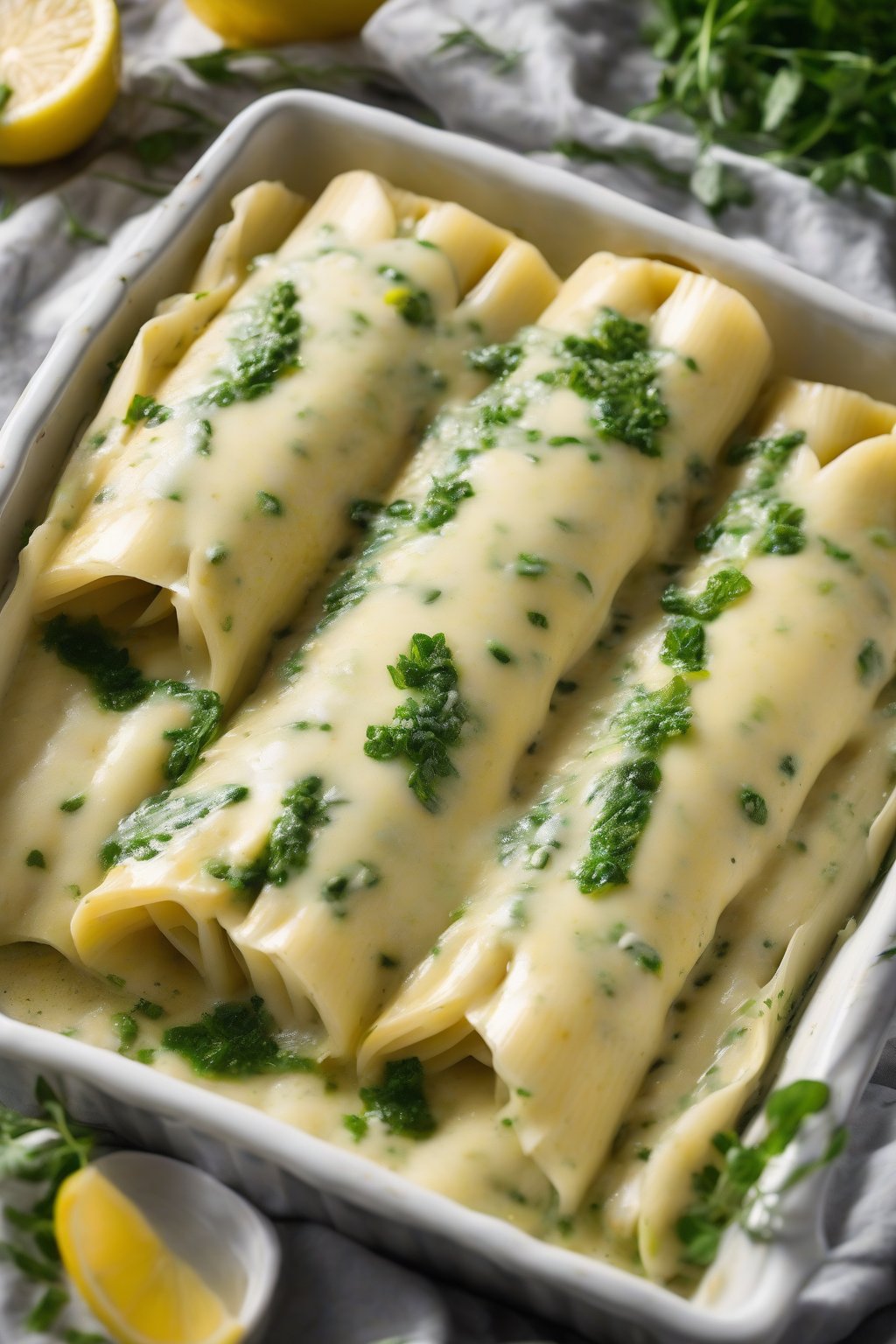 A high-resolution photo of lemon herb ricotta manicotti drizzled with sauce, vibrant green flecks visible, under soft lighting.
