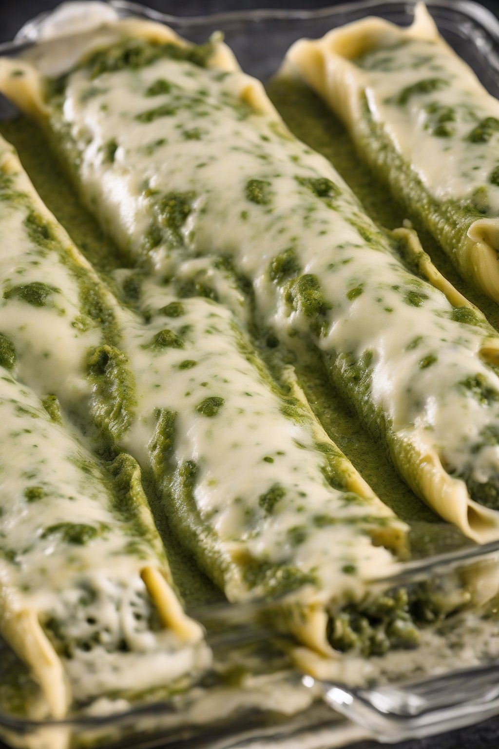 A high-resolution photo of pesto ricotta manicotti with green swirls in the filling, cheesy crust, under soft lighting.