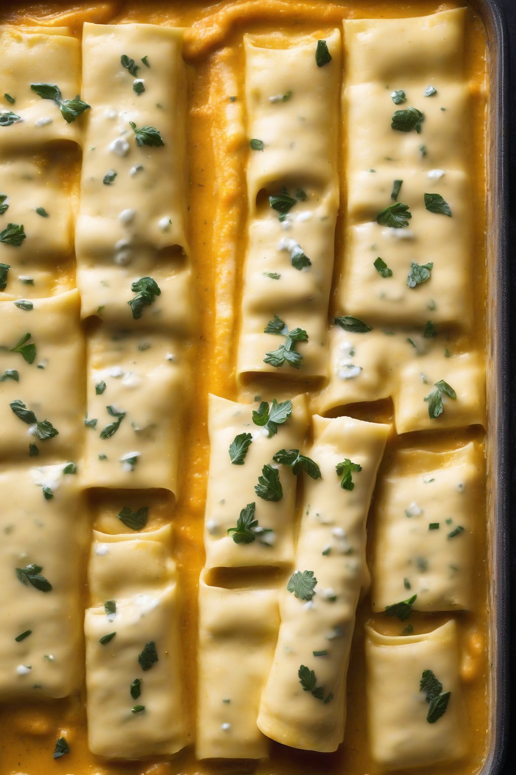 A high-resolution photo of butternut squash ricotta manicotti, golden sauce bubbling, squash chunks visible, under soft lighting.