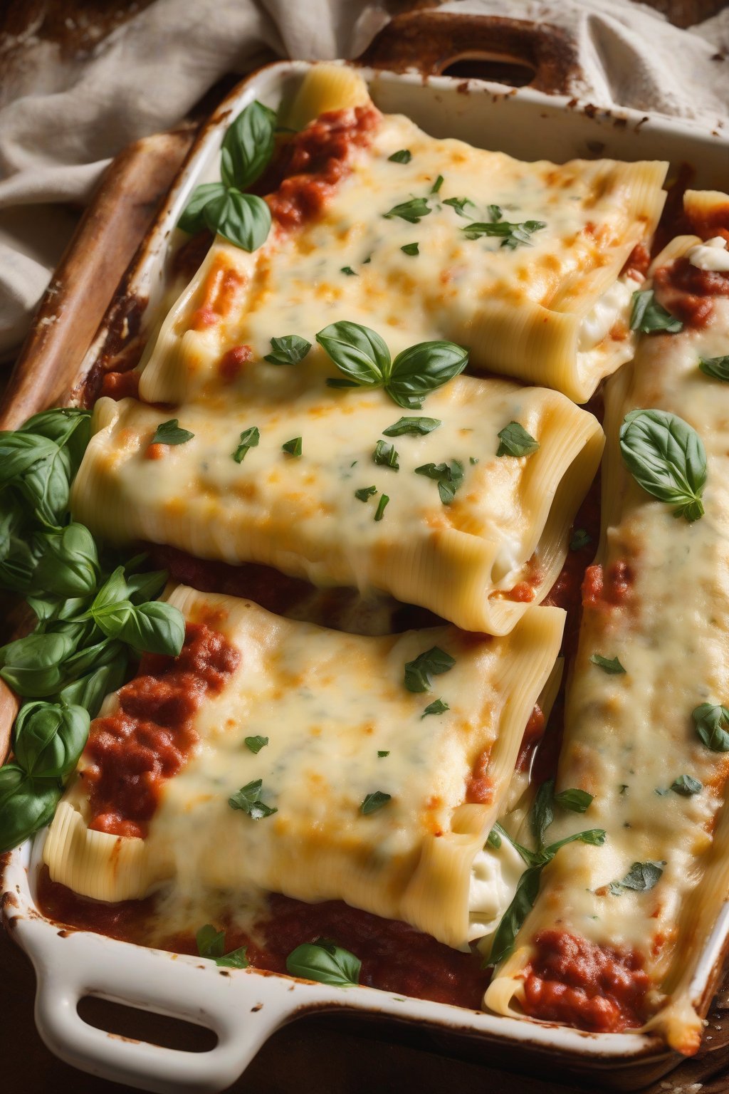 A high-resolution photo of four-cheese ricotta manicotti oozing multiple cheeses, rich and melty, under soft lighting.