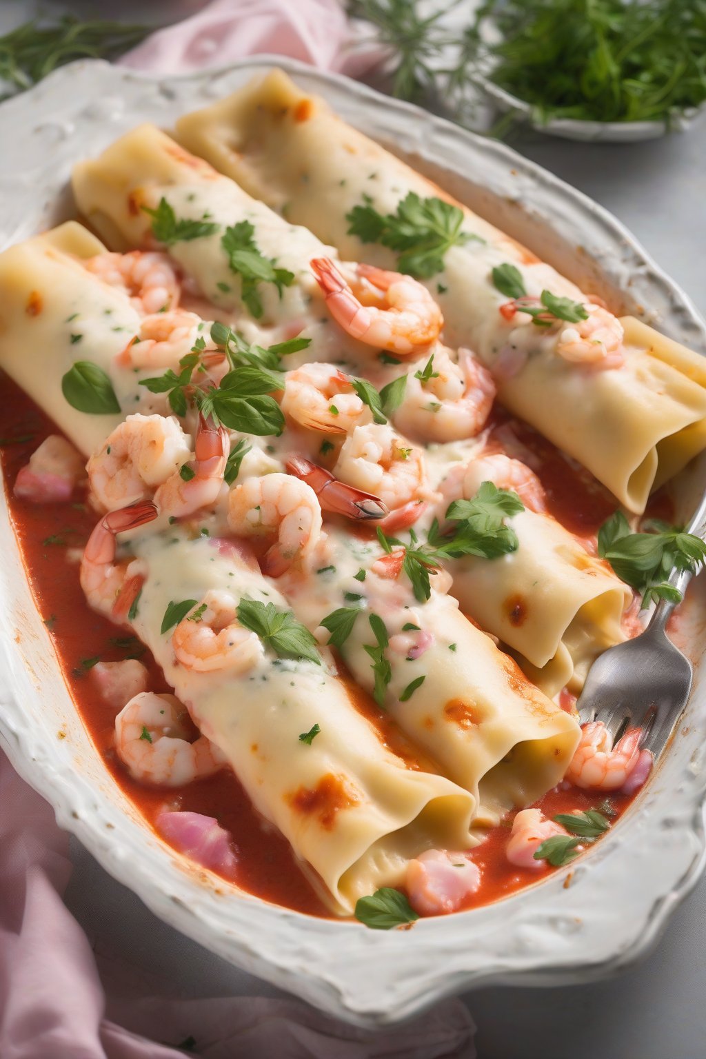 A high-resolution photo of shrimp ricotta manicotti with pink shrimp pieces and herbs, glossy sauce, under soft lighting.