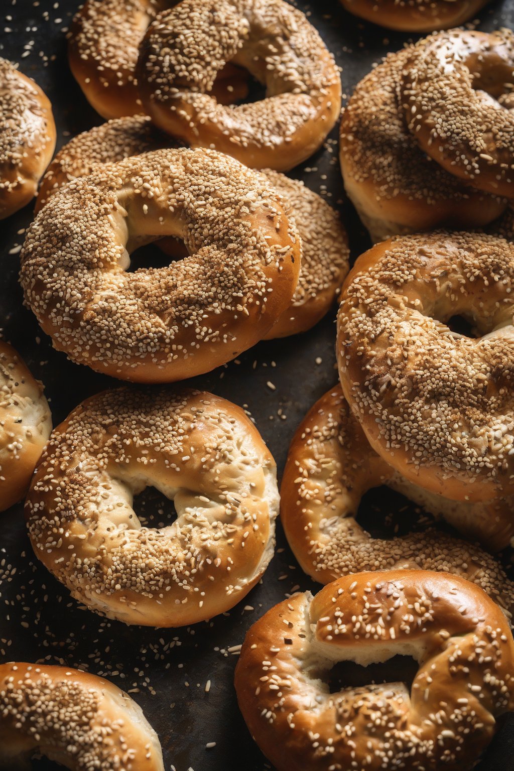 A high-resolution photo of sesame seed-crusted bagels steaming fresh from the oven under soft lighting.