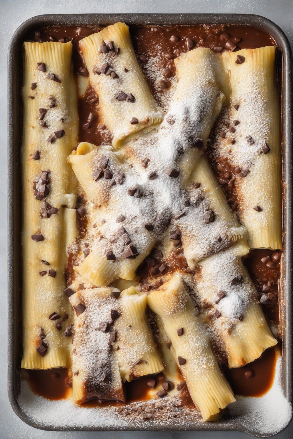 A high-resolution photo of sweet ricotta manicotti dusted with powdered sugar, chocolate chips melting, under soft lighting.