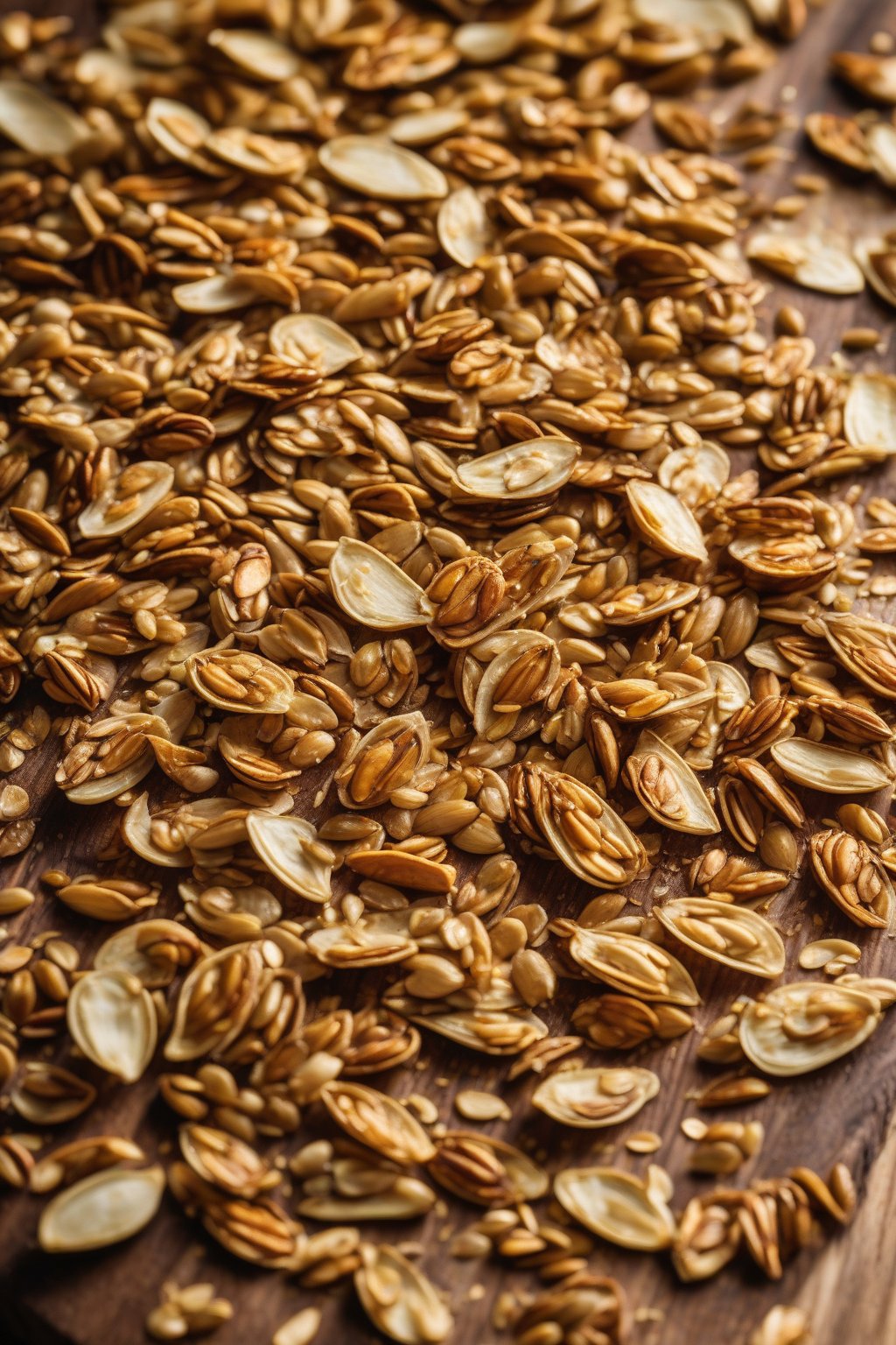 A high-resolution photo of golden garlic Parmesan roasted pumpkin seeds scattered on a wooden board under soft lighting.