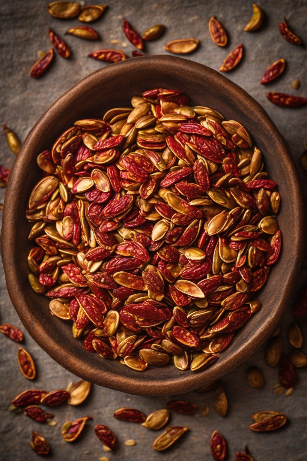A high-resolution photo of vibrant red spicy chili lime roasted pumpkin seeds in a rustic bowl under soft lighting.