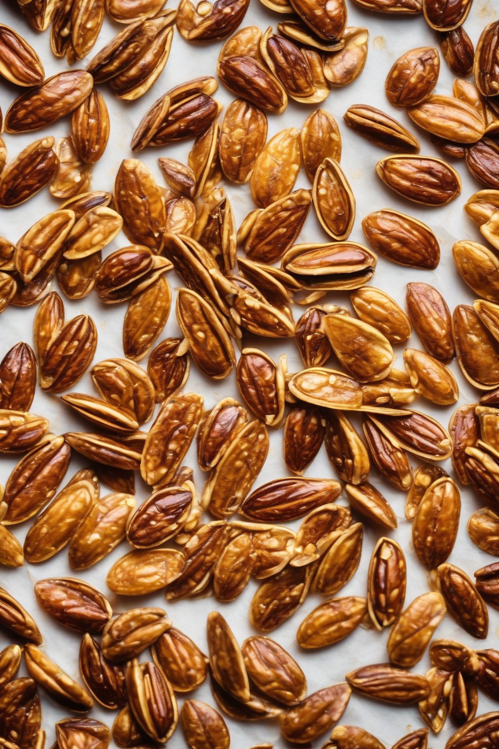 A high-resolution photo of glossy honey cinnamon roasted pumpkin seeds piled high on parchment paper under soft lighting.