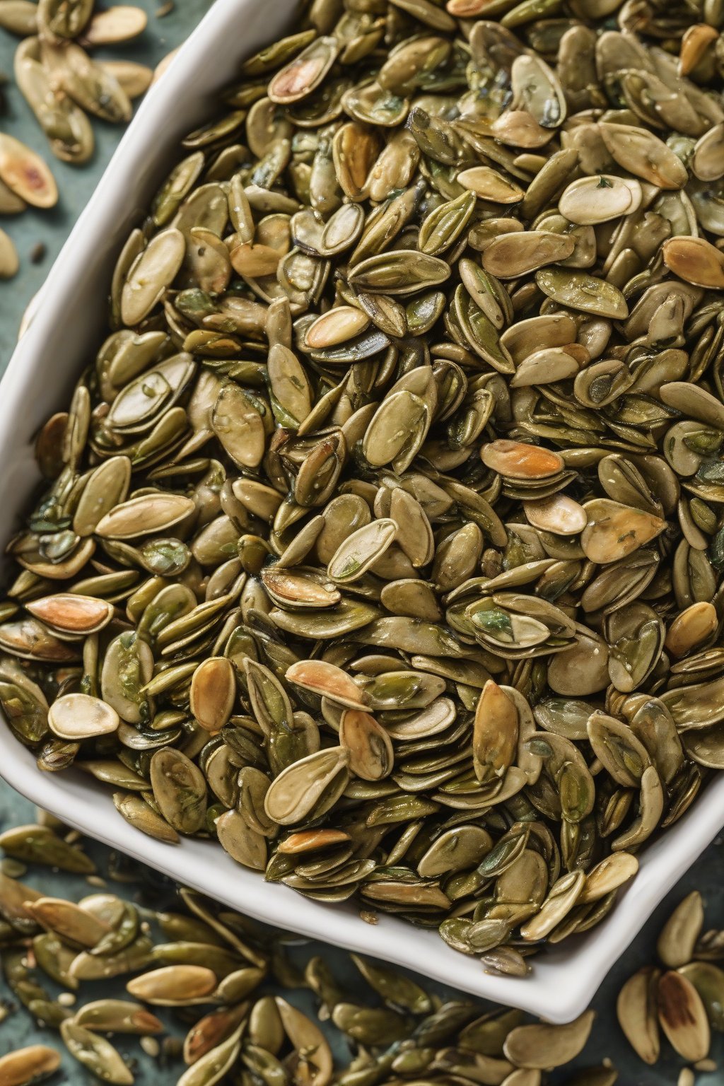 A high-resolution photo of green-flecked rosemary thyme roasted pumpkin seeds in a white ceramic dish under soft lighting.