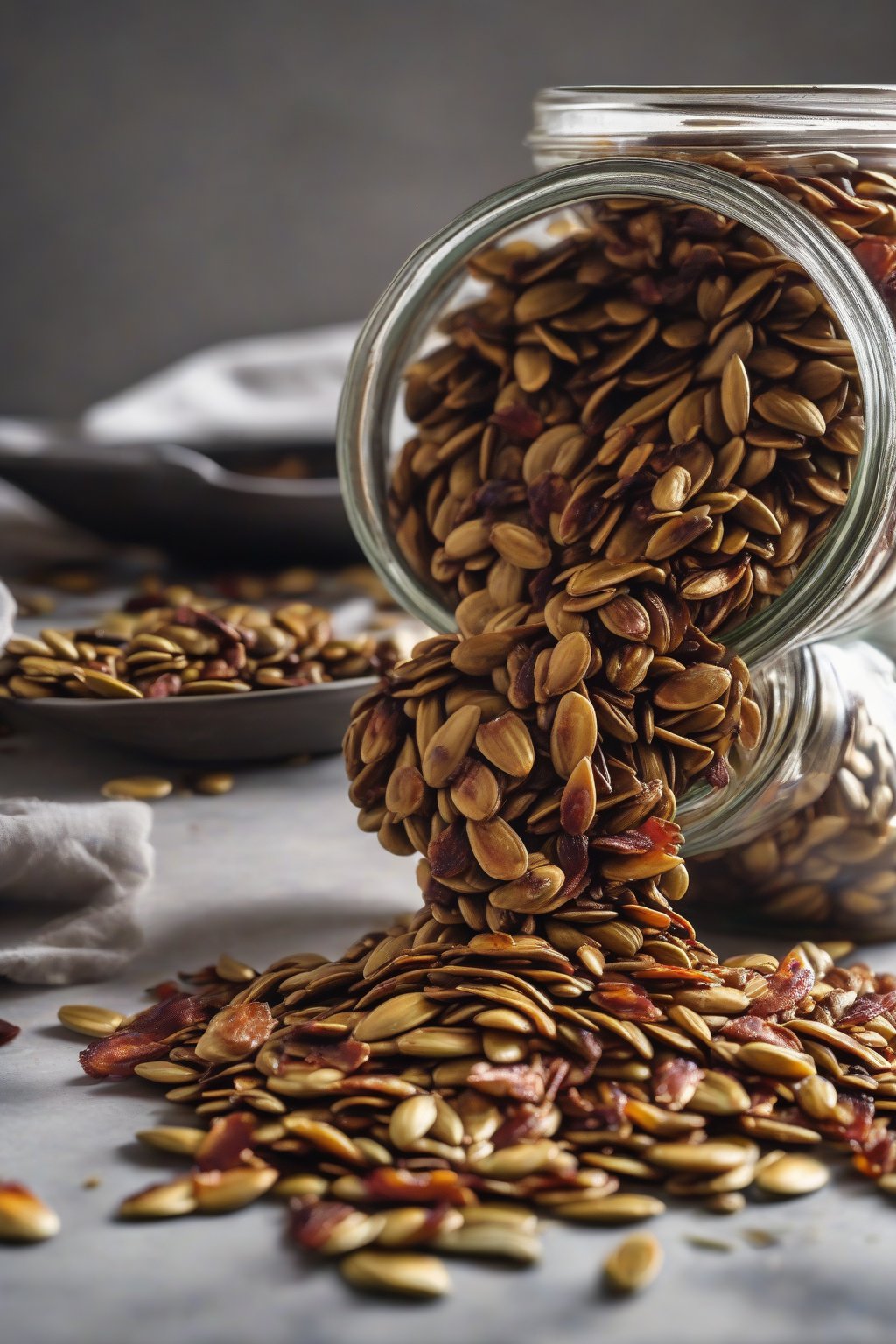 A high-resolution photo of dark, smoky maple bacon roasted pumpkin seeds spilling from a jar under soft lighting.