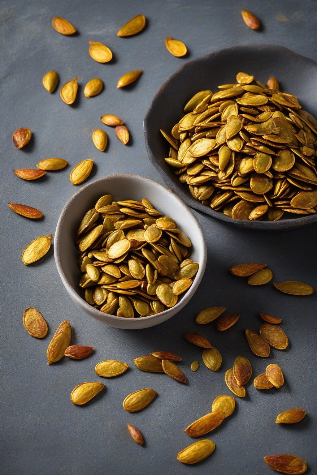 A high-resolution photo of golden curry-spiced roasted pumpkin seeds on a slate tray under soft lighting.