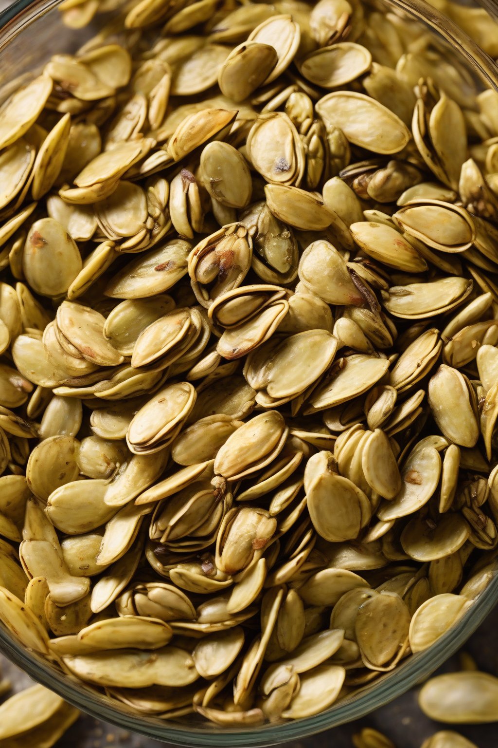 A high-resolution photo of sunny lemon pepper roasted pumpkin seeds in a glass bowl under soft lighting.