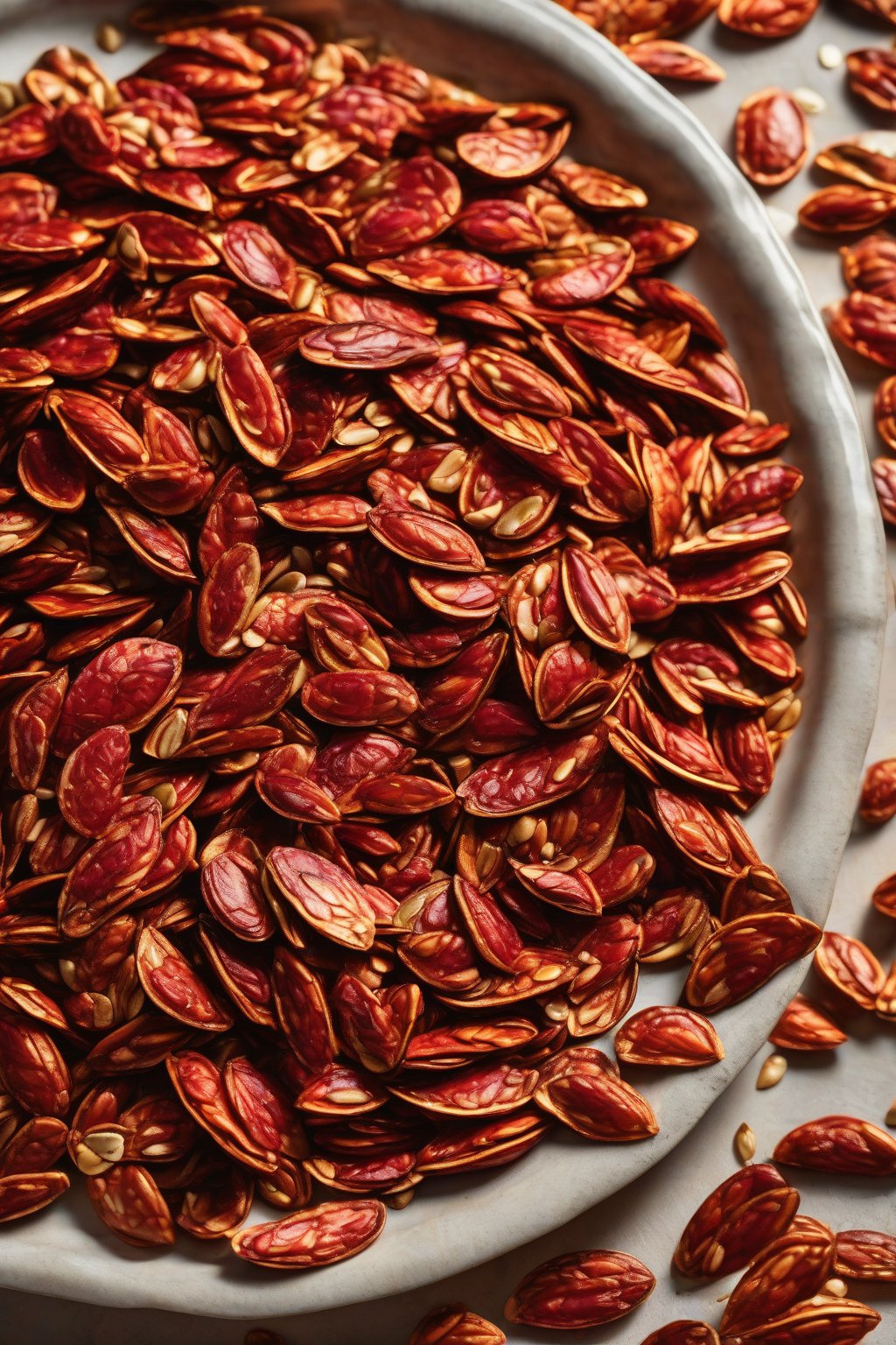 A high-resolution photo of ruby-red BBQ roasted pumpkin seeds arranged on a grill-patterned plate under soft lighting.