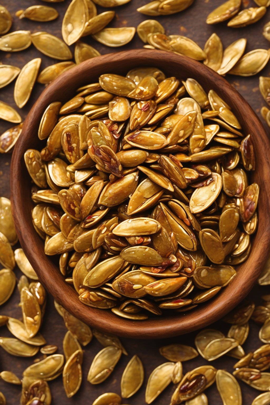 A high-resolution photo of glistening sweet chili roasted pumpkin seeds in a bamboo bowl under soft lighting.