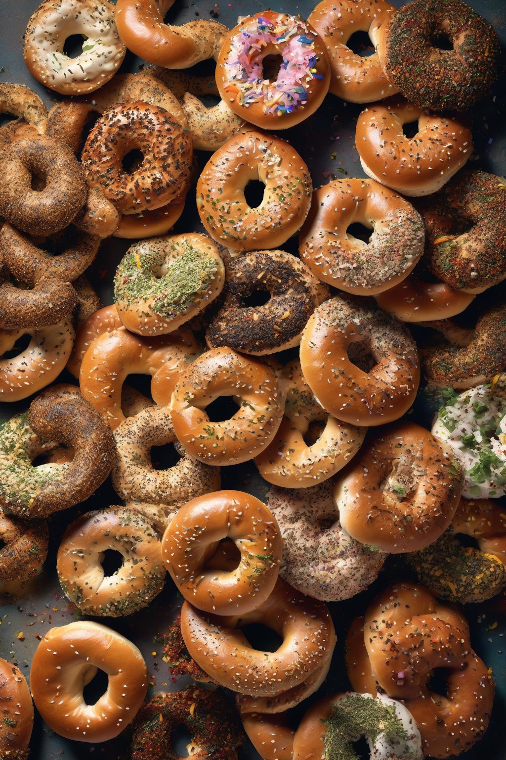 A high-resolution photo of everything bagels piled high with colorful seasonings under soft lighting.