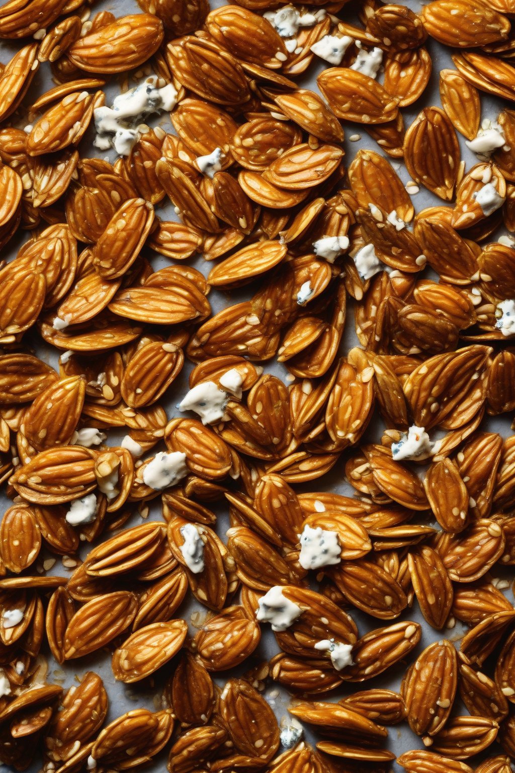 A high-resolution photo of fiery orange buffalo roasted pumpkin seeds with blue cheese flecks under soft lighting.