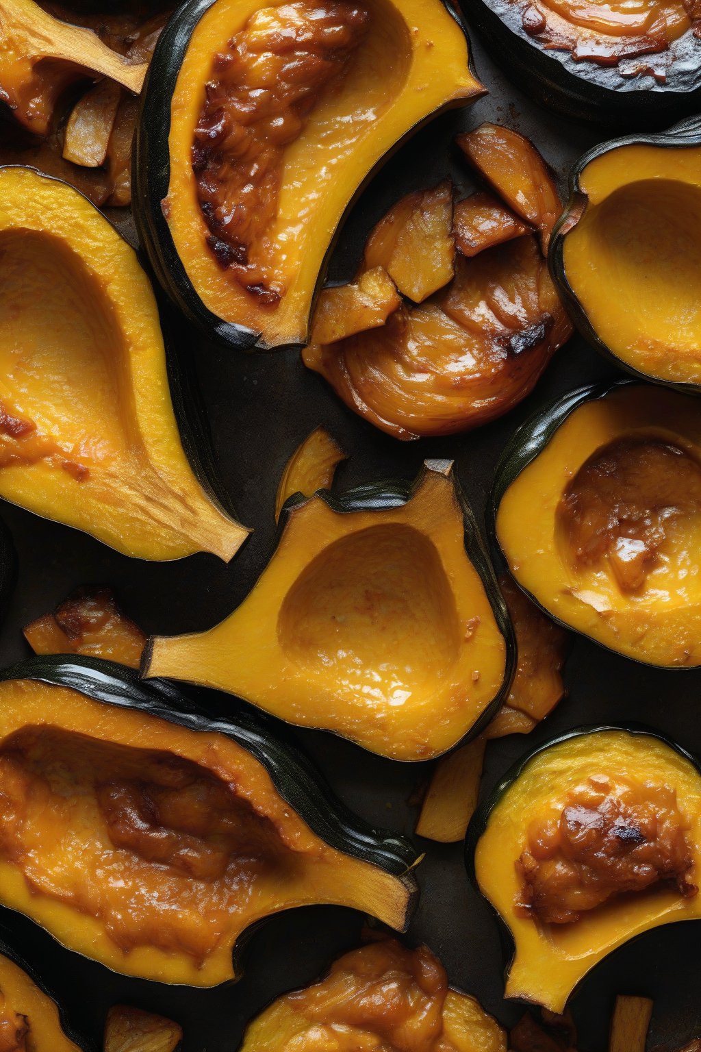 A high-resolution close-up photo of maple glazed roasted acorn squash quarters, caramelized edges glistening under soft lighting.