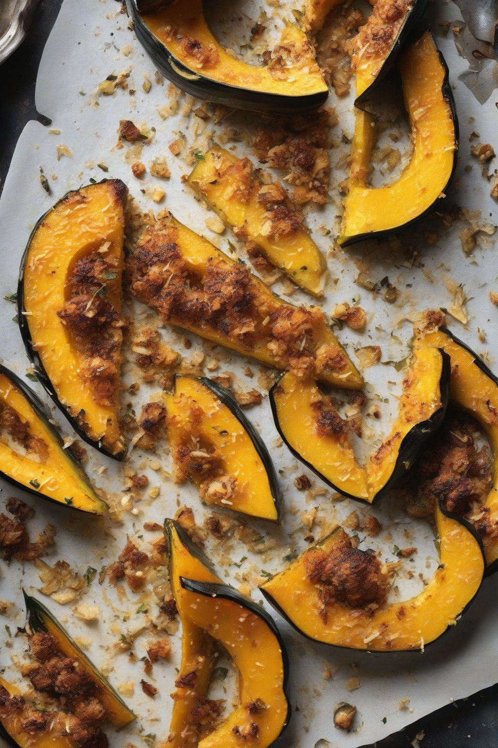 A high-resolution close-up photo of garlic Parmesan roasted acorn squash wedges, cheesy crust and golden edges under soft lighting.