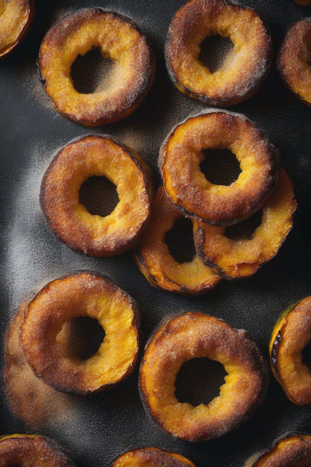 A high-resolution close-up photo of cinnamon spiced roasted acorn squash rings, dusted with sugar and aromatic steam under soft lighting.