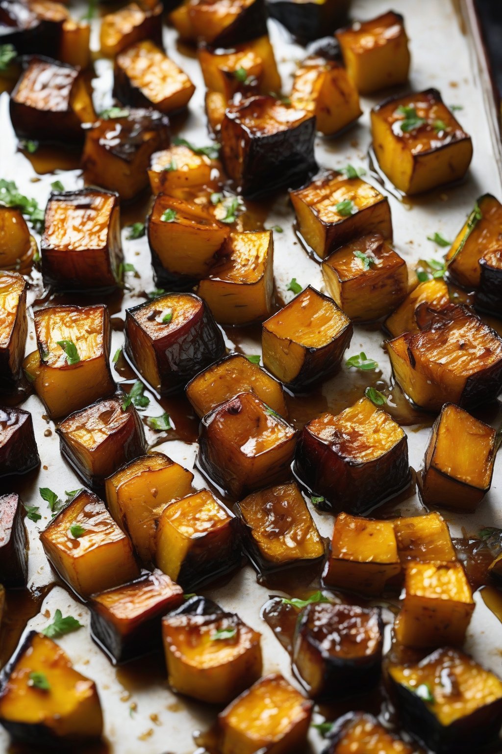 A high-resolution close-up photo of balsamic roasted acorn squash cubes, shiny glaze and tender pieces under soft lighting.